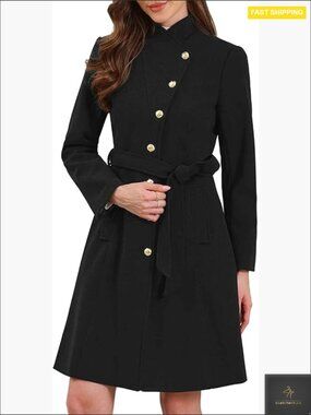 Classic Pea Coat Elegant Stand Collar Belted Trench Winter Outerwear Regular Fit